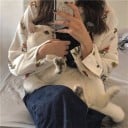 Cămașă albă pentru femei cu imprimeu colorat de flori și inscripții Croi clasic cu guler Mâneci lungi Buzunar pe piept Poliester și bumbac 2
