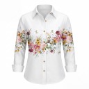 Cămașă albă pentru femei cu mânecă lungă și imprimeu floral cu trandafiri și fluturi pe piept cu guler clasic și butoane pe toată lungimea 2