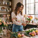 Cămașă albă pentru femei cu mânecă lungă și imprimeu floral cu trandafiri și fluturi pe piept cu guler clasic și butoane pe toată lungimea 3