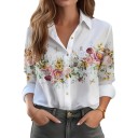 Cămașă albă pentru femei cu mânecă lungă și imprimeu floral cu trandafiri și fluturi pe piept cu guler clasic și butoane pe toată lungimea 4