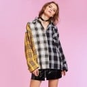 Cămașă din bumbac pentru femei cu mânecă lungă Patchwork din carouri galbene și alb-negru Croială oversize liberă Buzunar pe piept Stil modern 3