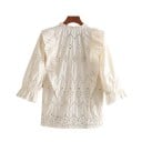 Cămașă din bumbac pentru femei cu volane și decupaj decorativ Broderie Madeira Decolteu în V Mâneci bufante cu volan Crem 2