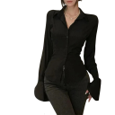 Cămașă elegantă pentru femei cu guler Cămașă uni cu șnur la spate Mâneci lărgite Top elegant din poliester ușor 3