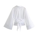 Cămașă elegantă pentru femei cu guler și mânecă lungă Kimono stilat cu fundiță în talie Cămașă uni cu nasturi din poliester ușor 2