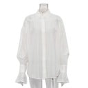 Cămașă elegantă pentru femei, într-o singură culoare, cu guler, mâneci lărgite, închidere cu nasturi, bluză stilată din amestec de viscoză 21