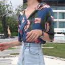 Cămașă lejeră pentru femei cu mânecă scurtă și imprimeu cu flori și frunze tropicale mari Guler deschis Închidere cu nasturi Bumbac 6