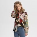 Cămașă lejeră pentru femei cu mâneci lungi Model colorat cu lanțuri aurii și motive de eșarfă Margină rotunjită Spate mai lung Poliester și spandex 2