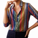Cămașă pentru femei cu dungi colorate, cu mâneci lungi, dungi verticale pictate, guler clasic și nasturi pe toată lungimea părții din față 4