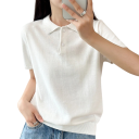 Cămașă polo pentru femei cu mânecă scurtă Design uni Decolteu în V cu guler și nasturi Top din bumbac 4