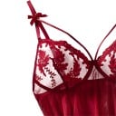 Camicetta da notte corta da donna in vino con slip, coppe trasparenti con ricamo floreale e fiocchetti su spalline sottili 5