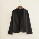 Camicetta elegante da donna con nodo al centro Scollo profondo a V Maniche lunghe svasate Superficie lucida Lunghezza corta Poliestere 1