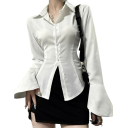 Camicia aderente da donna con maniche lunghe a campana, colletto classico e legatura sul retro con orlo arrotondato 3
