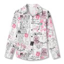 Camicia bianca da donna con maniche lunghe e stampa di una vecchia cartolina con francobolli, rose e Torre Eiffel con colletto classico e bottoni 4