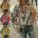 Camicia boho da donna con motivo floreale e uccelli Maniche a campana lunghe Collo a V con colletto e bottoni Bordure decorative 5