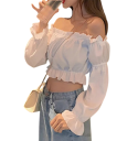 Camicia da donna a maniche lunghe Crop top con spalle scoperte Top elegante alla moda Cotone Poliestere Blusa femminile stilosa 4