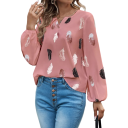 Camicia da donna ampia a maniche lunghe Blusa leggera con motivo di piume Taglio elegante e arioso Poliestere confortevole Top alla moda 6
