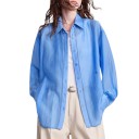 Camicia da donna ampia con maniche lunghe e ricamo a giorno lungo la chiusura con colletto classico, spalle scese e orlo arrotondato 1