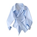 Camicia da donna con maniche lunghe, davanti asimmetrico a incrocio, colletto doppio, arricciatura in vita e orlo inferiore obliquo 4