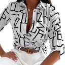 Camicia da donna con maniche lunghe, stampa di linee spezzate, taschino sul petto, colletto classico e passante per fermare la manica 8