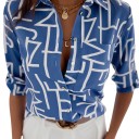 Camicia da donna con maniche lunghe, stampa di linee spezzate, taschino sul petto, colletto classico e passante per fermare la manica 6