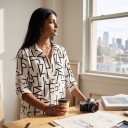 Camicia da donna con maniche lunghe, stampa di linee spezzate, taschino sul petto, colletto classico e passante per fermare la manica 12