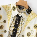 Camicia da donna con motivo barocco decorativo di catene e medaglioni Maniche lunghe Colletto classico Chiusura con bottoni Crema, oro e nero 5