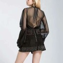 Camicia da donna extravagante con maniche trasparenti ampie e volant Grande fiocco arricciato al collo Colletto alto Vestibilità 5