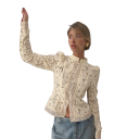 Camicia da donna in pizzo elegante con colletto Blusa monocolore con chiusura a bottoni Top elegante in poliestere leggero per lavoro e tempo 14