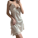 Camicia da notte da donna con pizzo e spacco Elegante camicia monocolore con scollatura a V Poliestere leggero Moda notte delicata Vari colori 16