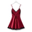 Camicia da notte in satin per donna con pizzo su spalline sottili con scollatura a V, spacco e schiena aperta con fiocco 6