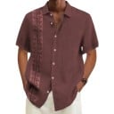 Camicia da uomo con colletto classico a maniche corte e fascia decorativa sulla spalla e lungo tutta la parte anteriore 7