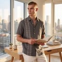 Camicia da uomo con colletto classico a maniche corte e fascia decorativa sulla spalla e lungo tutta la parte anteriore 3
