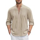 Camicia da uomo con maniche lunghe Monocromatica Cotone e lino Lacci nel colletto Collo Taglio casual 5
