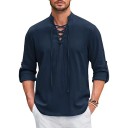 Camicia da uomo con maniche lunghe Monocromatica Cotone e lino Lacci nel colletto Collo Taglio casual 3