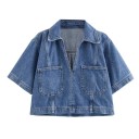 Camicia di jeans blu estiva con maniche corte Taglio cropped alla moda Blusa da donna in denim per l'estate Moda casual 3