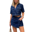 Camicia di jeans blu estiva con maniche corte Taglio cropped alla moda Blusa da donna in denim per l'estate Moda casual 2