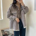 Camicia donna oversize per il freddo Taglio ampio con colletto camicia Motivo grigio diagonale Due tasche sul petto Frange sull'orlo Poliestere 4