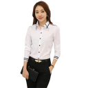 Camicia elegante da donna a maniche lunghe Camicetta monocolore in poliestere con righe sulle maniche e sul colletto Top stiloso con chiusura a bottoni 2
