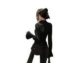 Camicia elegante da donna con colletto Camicetta monocolore con lacci sulla schiena Maniche svasate Top elegante in leggero poliestere 2