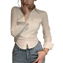 Camicia elegante da donna con maniche lunghe Camicetta monocolore con colletto e taschino sul petto Chiusura con bottoni Top leggero in poliestere 5