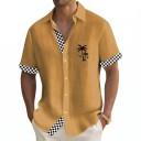 Camicia estiva da uomo a tinta unita con maniche corte e piccolo motivo di palme sul petto con colletto classico e bottoni su tutta la lunghezza 10