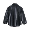 Camicia nera da donna in ecopelle Maniche voluminose arricciate con estremità elastiche Colletto classico Chiusura con bottoni Taglio dritto 2