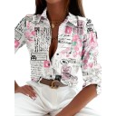 Camisa blanca de mujer con manga larga y estampado de una antigua postal con sellos, rosas y la Torre Eiffel con cuello clásico y botones 6