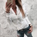 Camisa blanca de mujer con mangas largas y letras negras en escritura cursiva Escote en V con cuello Camiseta cómoda y agradable de poliéster 5