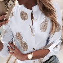 Camisa blanca elegante para mujer con estampado de piñas doradas Cuello de pie Cierre con botones dorados Mangas arremangadas Poliéster 2