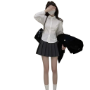 Camisa blanca elegante para mujer de manga larga Blusa de un solo color con cuello y atado en la espalda Top estiloso de algodón y poliéster 7