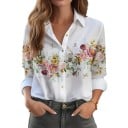 Camisa branca feminina de manga longa com estampado floral de rosas e borboletas no peito com colarinho clássico e botões ao longo de toda a extensão 4