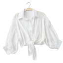 Camisa corta de mujer con nudo en la parte delantera Blusa transparente Corte cropped Material ligero y aireado Cierre de botones Elegante top de verano 5