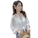 Camisa corta de mujer con nudo en la parte delantera Blusa transparente Corte cropped Material ligero y aireado Cierre de botones Elegante 8