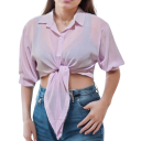 Camisa curta feminina com nó à frente Blusa transparente Corte cropped Material leve e arejado Fecho de botões Top de verão estiloso 3